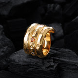 Silver Ring Spiral SUN and PLANETS +Black Diamond SUN - GOLD Plated