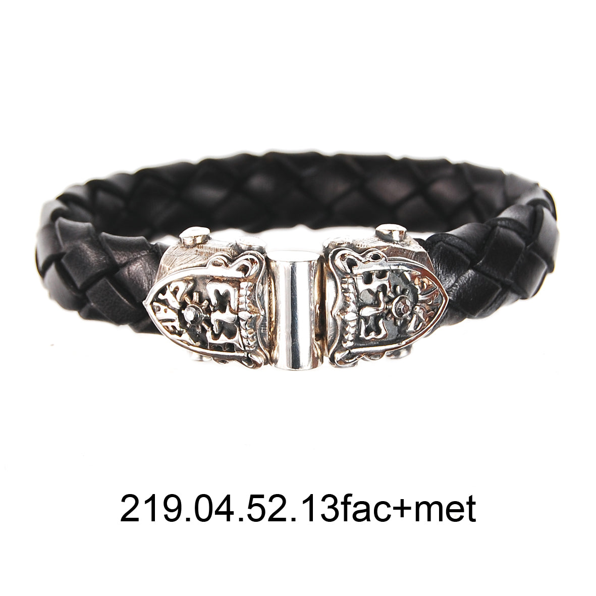 Silver-Leather Bracelet SHIELD with METEORITE on Faceted Silver Jointlock  13
