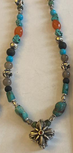 ROCKS and BEADS Necklace with Silver Tubes and Balls and GREEK MORNINGSTAR CROSS