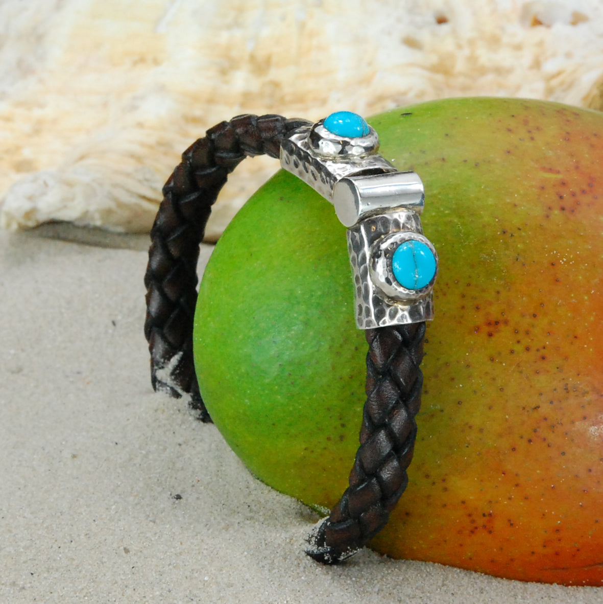 Silver Leather Bracelet Hammered Jointlock Round Turquoise 10