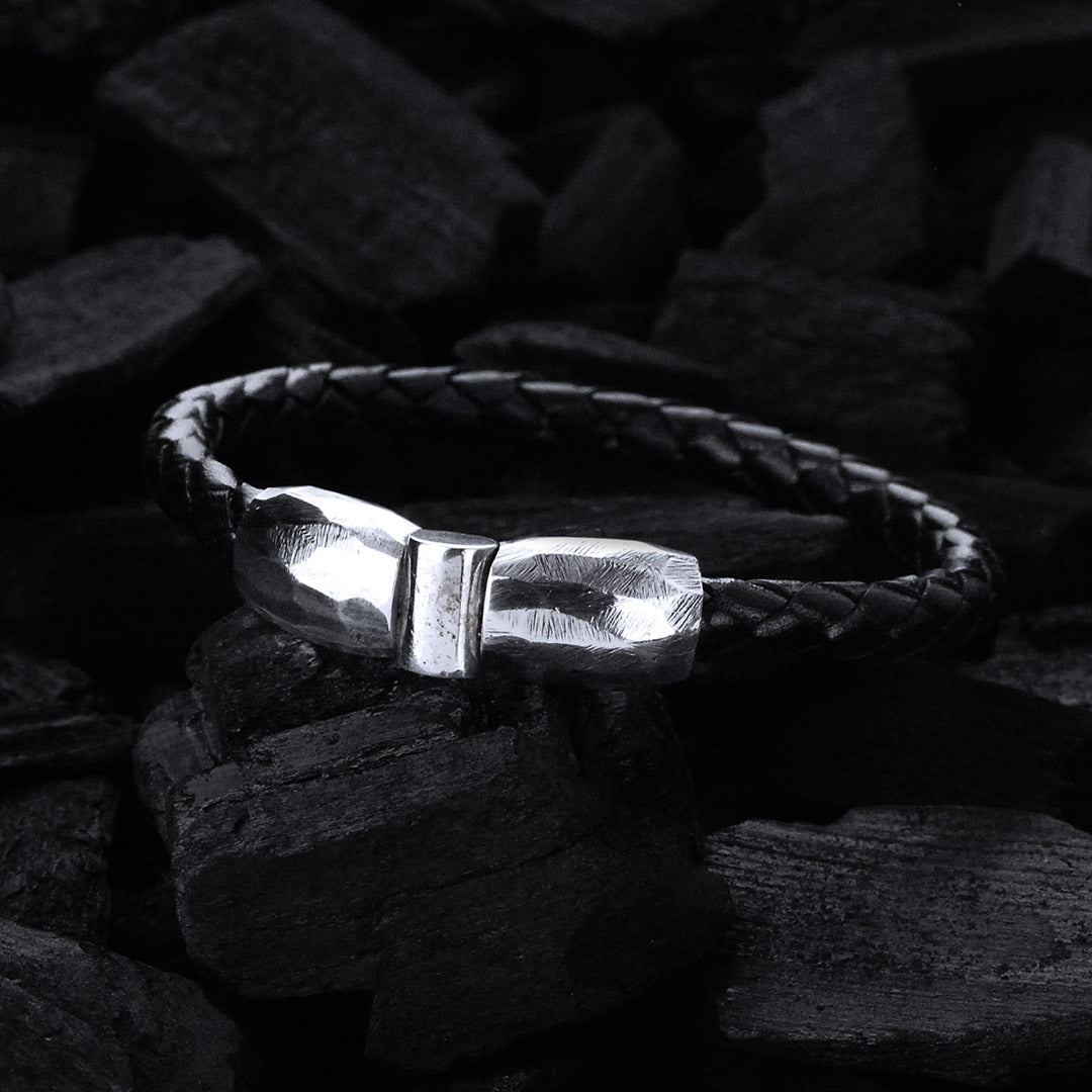 Silver Leather Bracelet PLAIN Jointlock Faceted 7