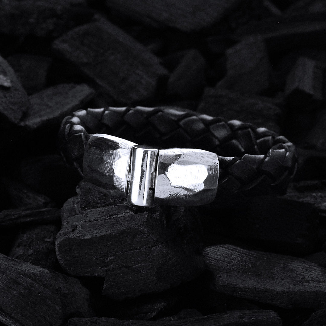 Silver-Leather Bracelet PLAIN Jointlock Faceted 13