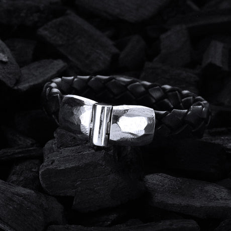 Silver-Leather Bracelet PLAIN Jointlock Faceted 13