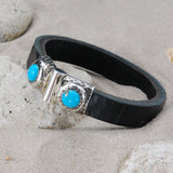 Silver Leather Bracelet Hammered Jointlock Round Turquoise 13