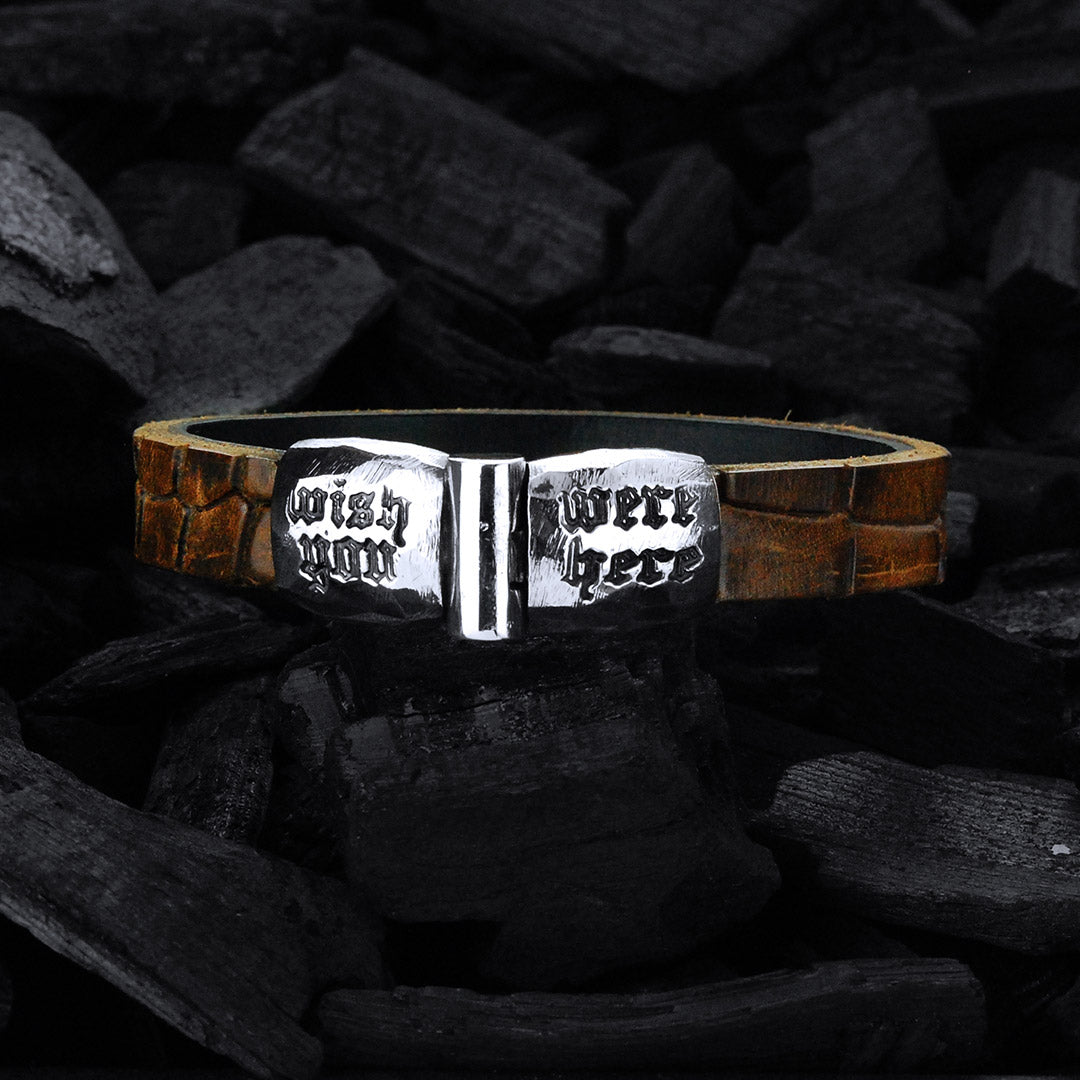 Silver Leather Bracelet WISH YOU WERE HERE Faceted Jointlock 13