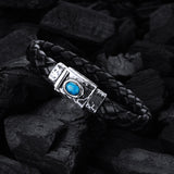 Silver-Leather Bracelet OVAL STONE on Hammered Boxlock 10