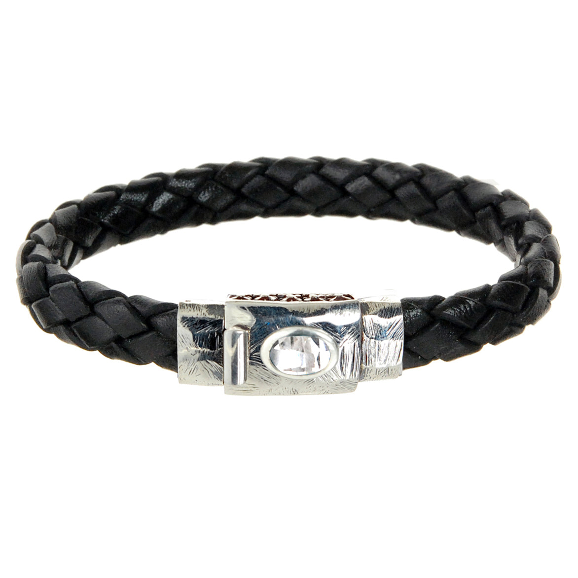Silver-Leather Bracelet OVAL STONE on Faceted Boxlock 10