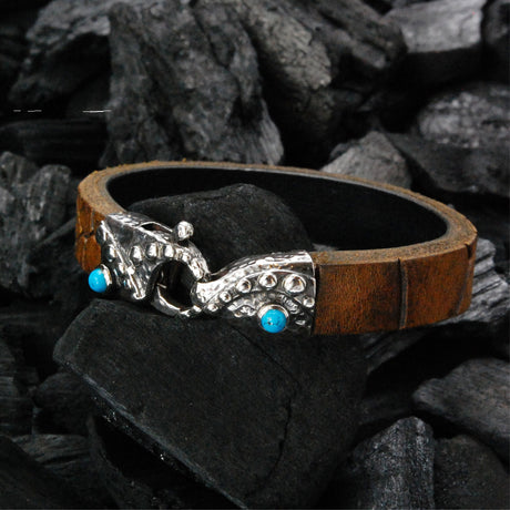 Silver-Leather Bracelet LOBSTER CLAW Hammered with Dots and Turquoise 13