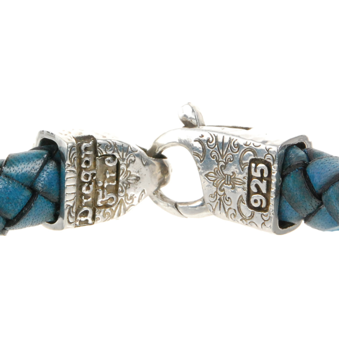 Silver-Leather Bracelet LOBSTER CLAW Hammered with Dots and Turquoise 13