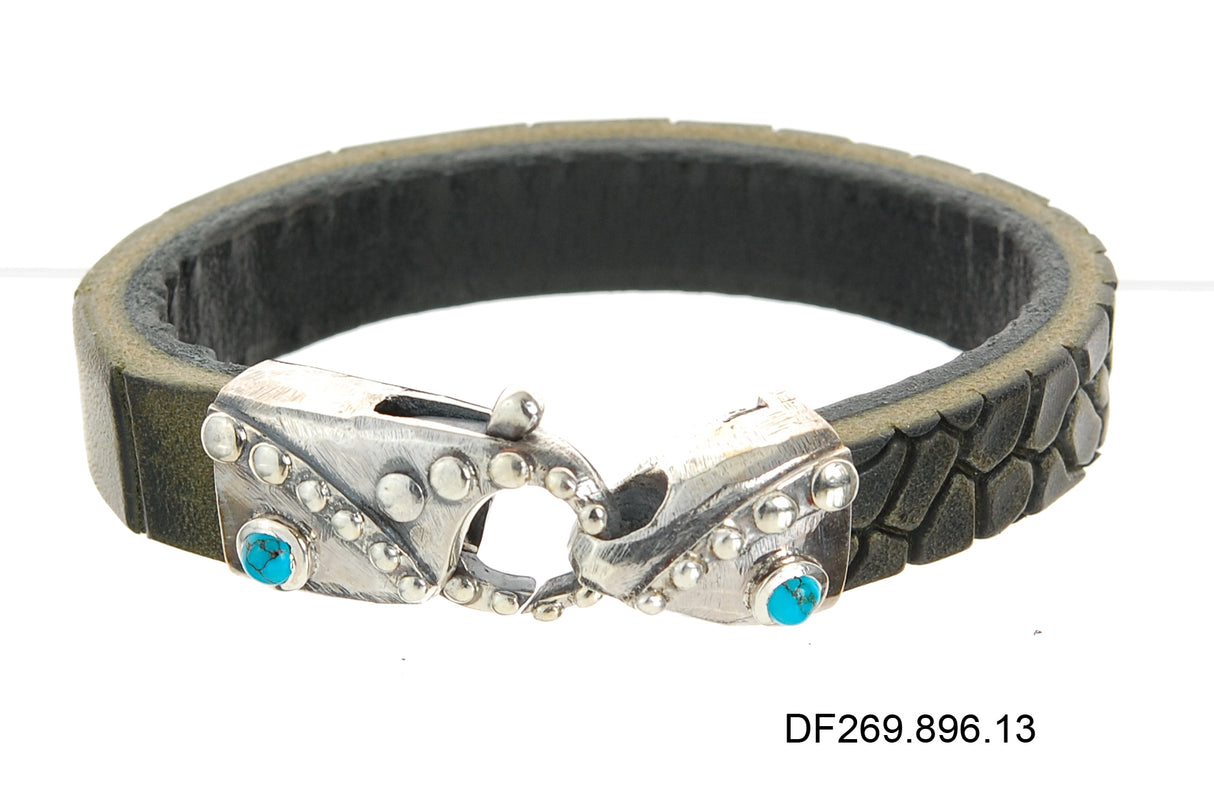 Silver-Leather Bracelet LOBSTER CLAW Hammered with Dots and Turquoise 13