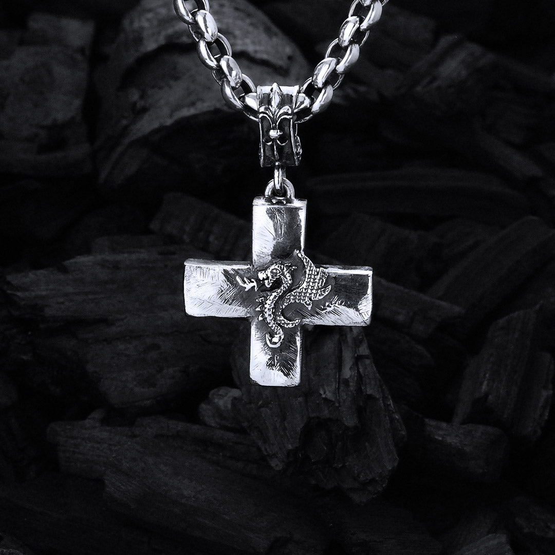 Silver Pendant Rough Greek Cross Body with DRAGON PROFILE