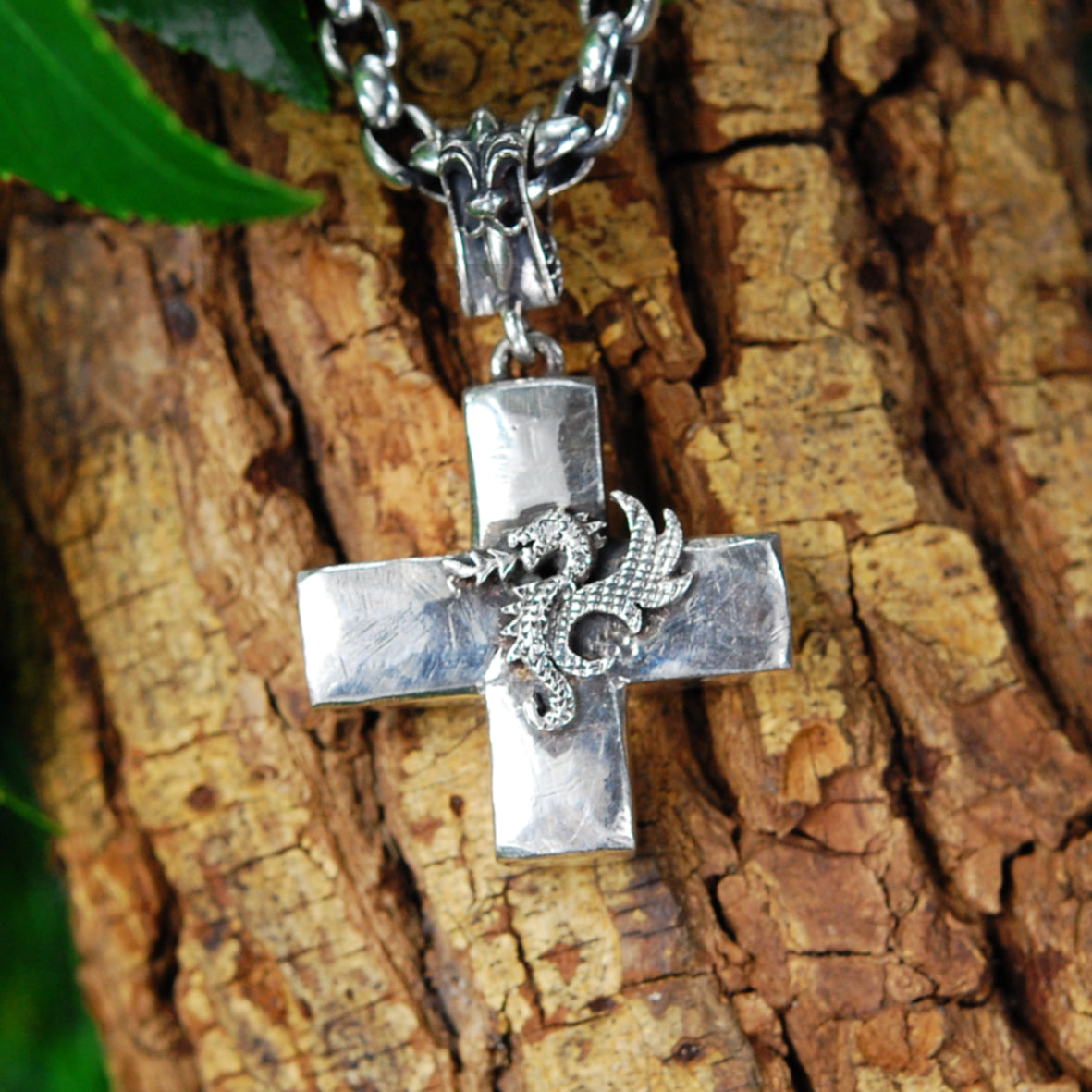 Silver Pendant Rough Greek Cross Body with DRAGON PROFILE