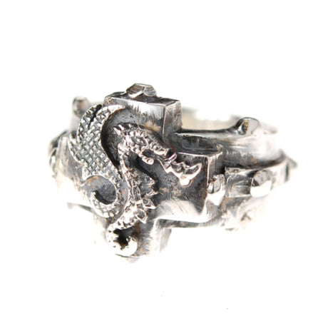 Silver Ring Greek Cross DRAGON FIRE on Faceted Rivet Band