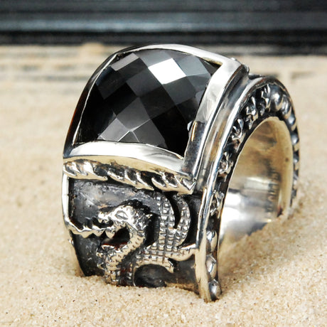 Silver Ring DRAGON FIRE Band  and Care Stone Holder