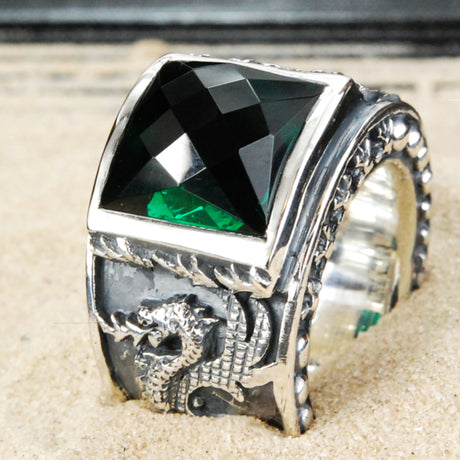 Silver Ring DRAGON FIRE Band  and Care Stone Holder