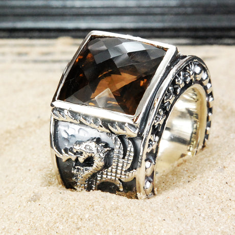 Silver Ring DRAGON FIRE Band  and Care Stone Holder