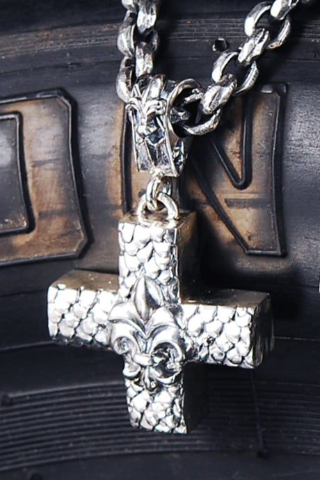 Silver Pendant Greek Cross Body with DRAGON SCALES and LILY