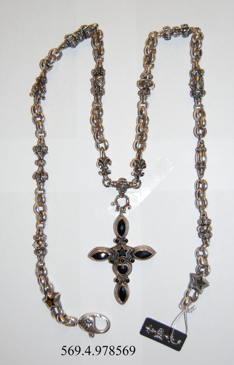 Silver Fetish Chain Peas with Lilies,Crowns and Stars with a Mystic Cross