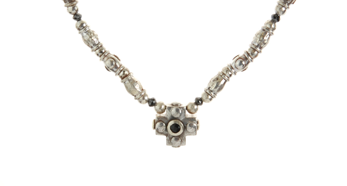 Silver Neckchain Rough Tubes PLAIN CROSS with LAVA and Black DIAMOND Beads