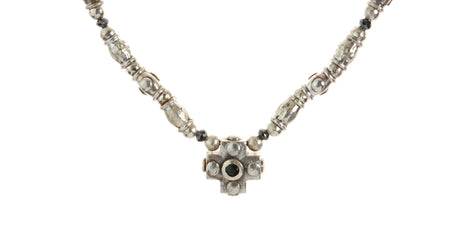 Silver Neckchain Rough Tubes PLAIN CROSS with LAVA and Black DIAMOND Beads