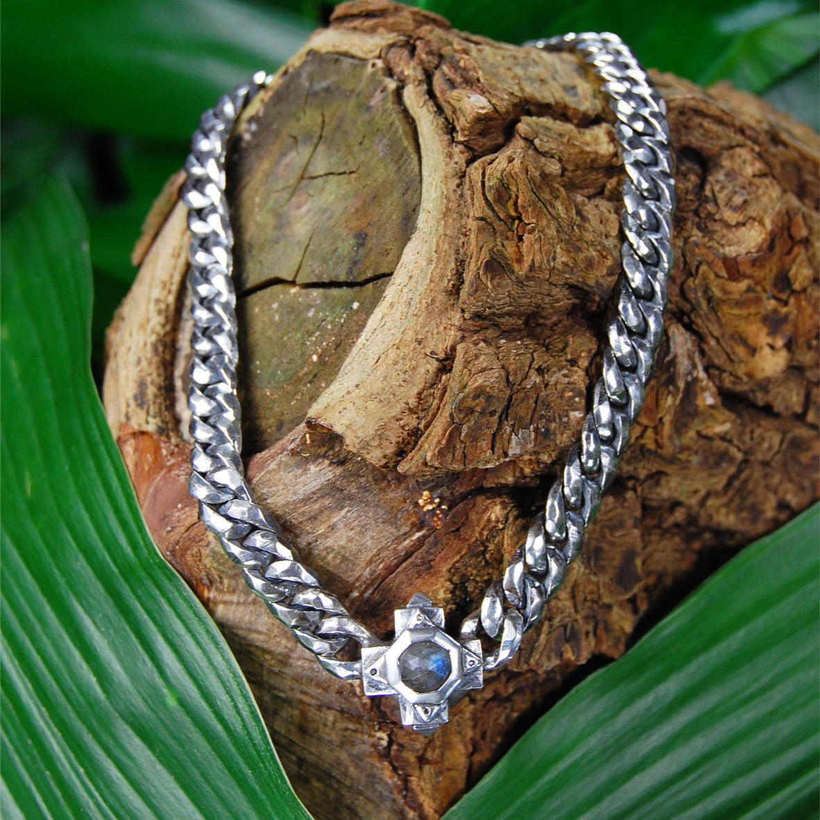 Silver Necklace Faceted Curb Chain with GREEK OCTAGON CROSS Center 20