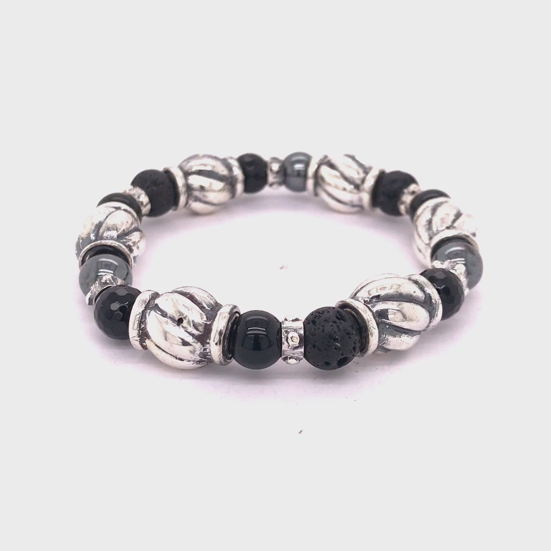 Silver Bracelet BEADS and SPIRAL BARRELS