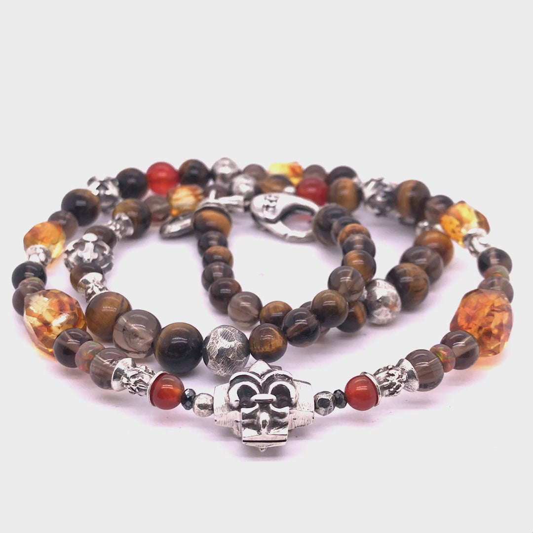 ROCKS and BEADS Necklace w. Silver Tubes and Balls and GREEK LILY CROSS