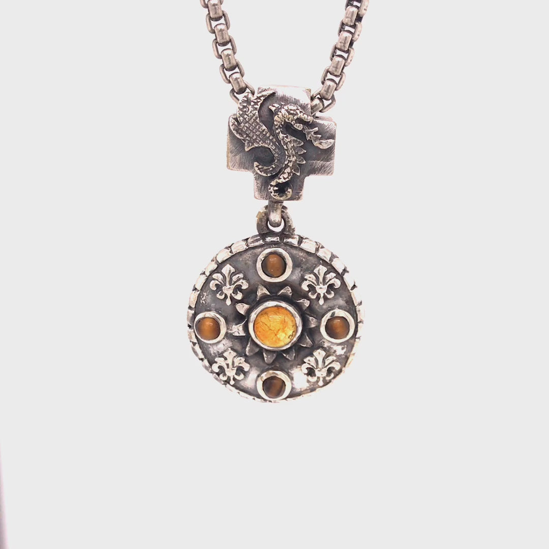 Silver Pendant LILIES COIN with Dragon Fire  Loop