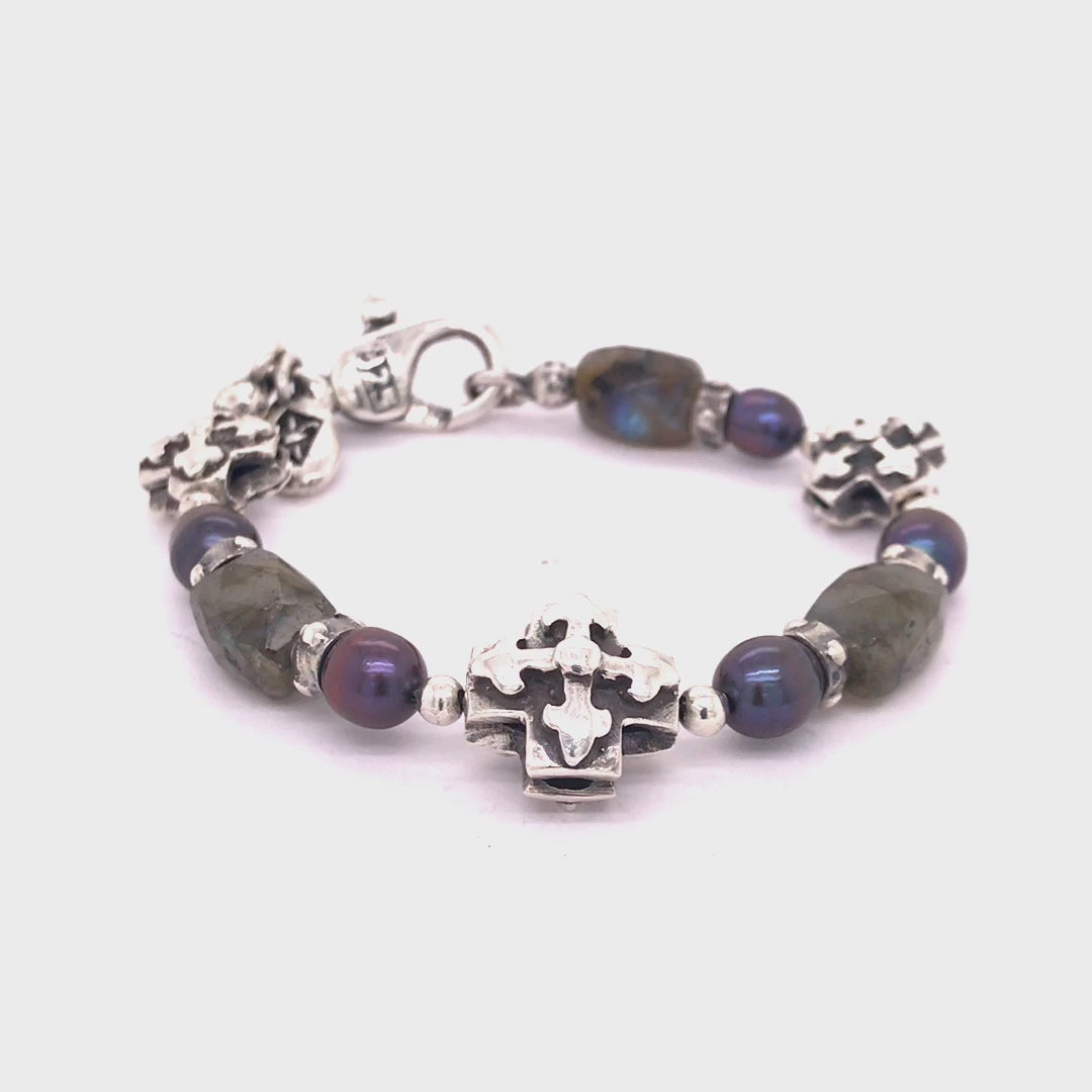 Silver Bracelet BLADES CROSSES and LABRADORITE ROCKS with Black Pearls