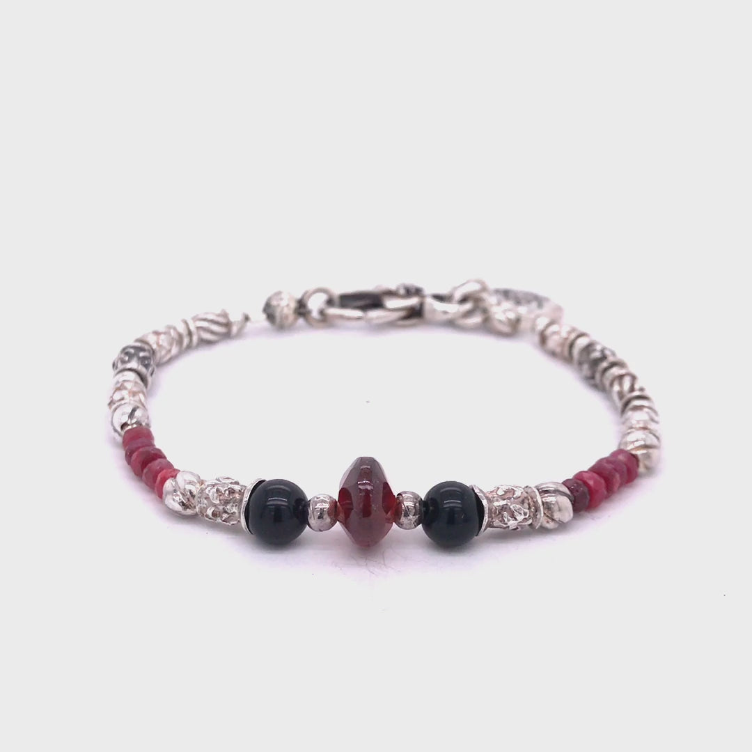 Silver Bracelet Elfin TUBES with GARNET ROCK and RUBIES