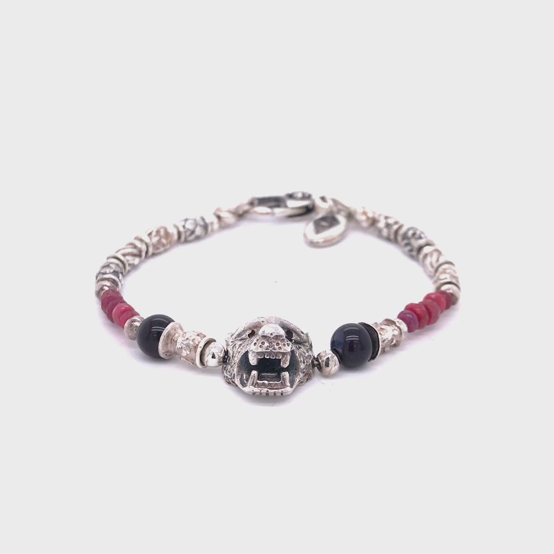 Silver Bracelet Elfin TUBES with LEOPARD and RUBIES