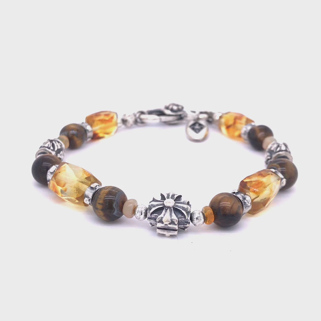 Silver Bracelet  MALTESER CROSS and AMBER ROCKS with Beads and Opals