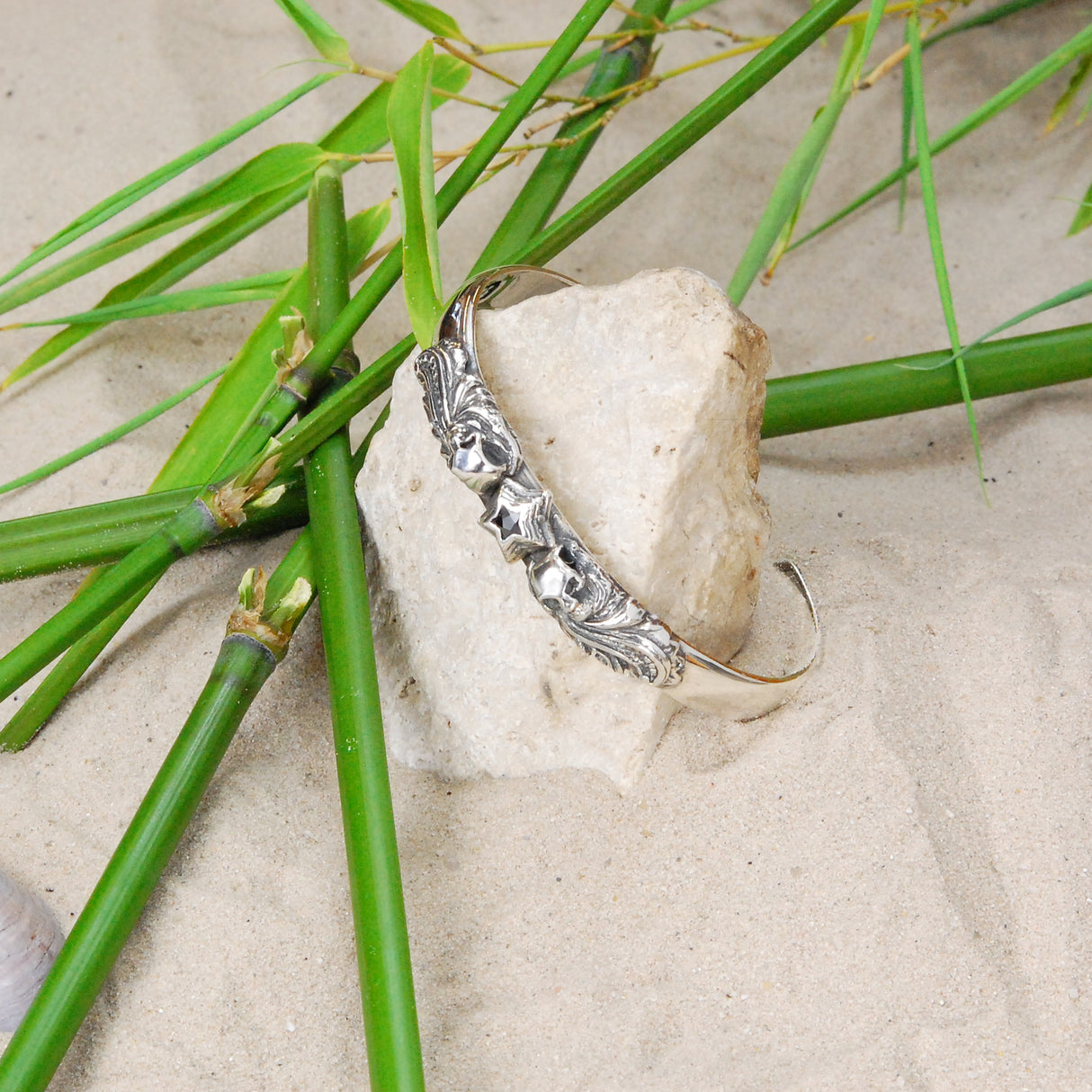 Silver Bangle MAGIC PLANT and SKULL with Star