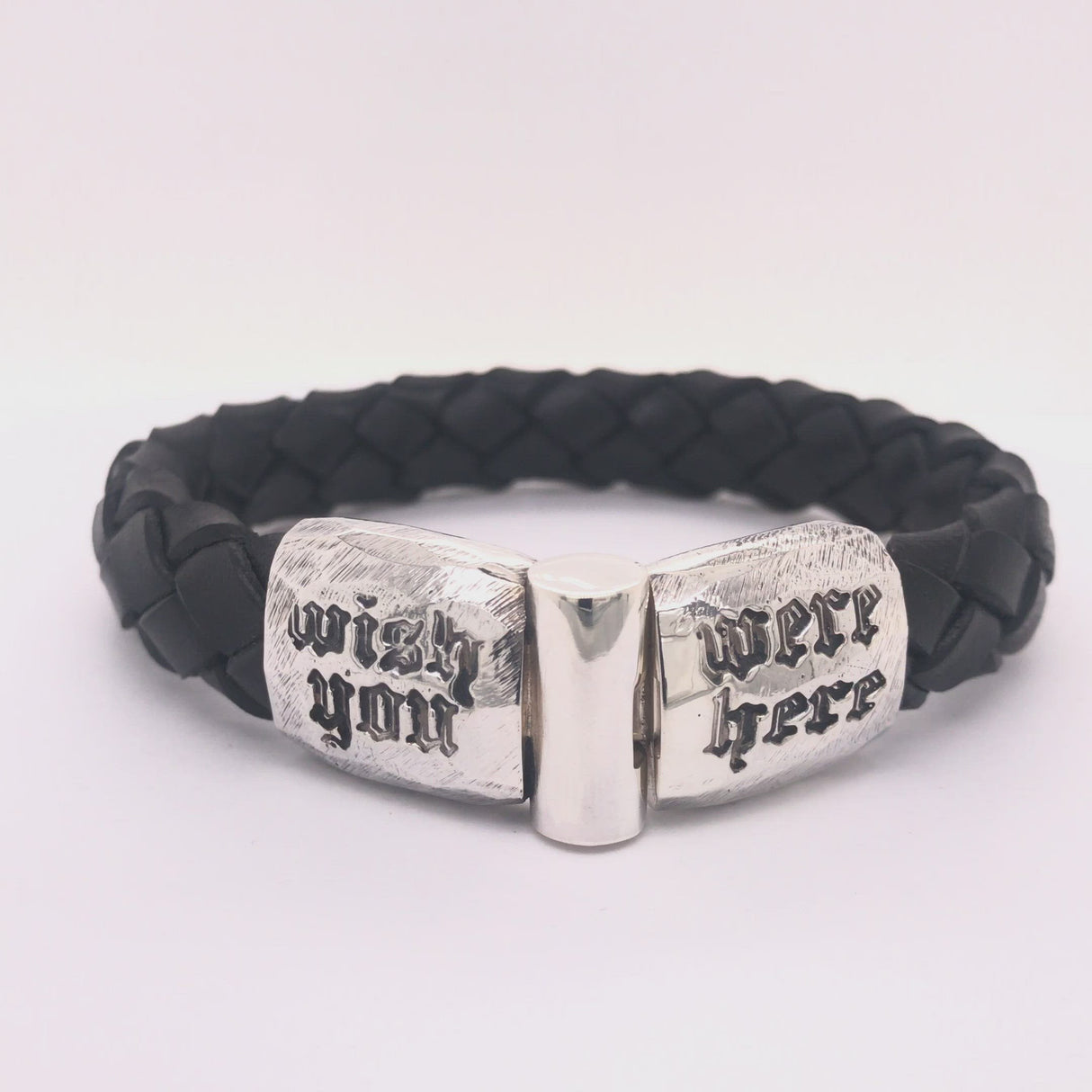 Silver Leather Bracelet WISH YOU WERE HERE Faceted Jointlock 13