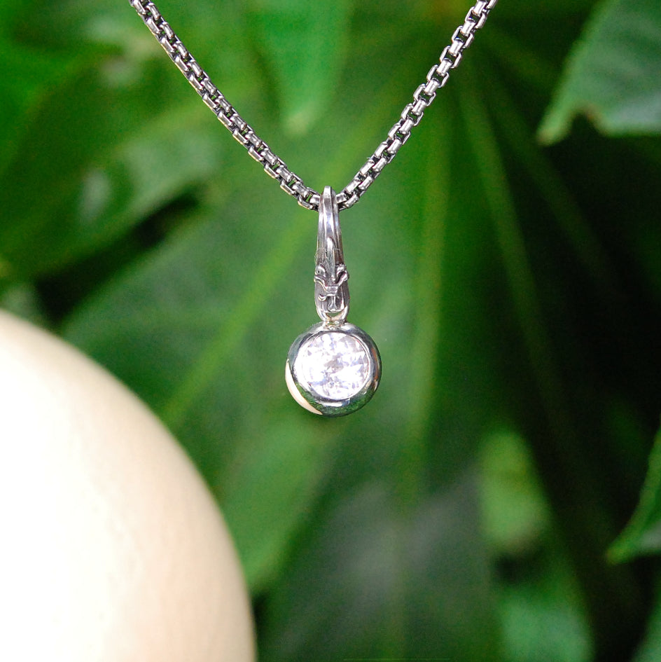 Silver Pendant Ball with Faceted Stone on Lily Hook White