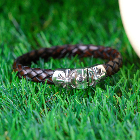 Silver-Leather Bracelet MALTESE CROSS with METEORITE Silver Jointlock 10
