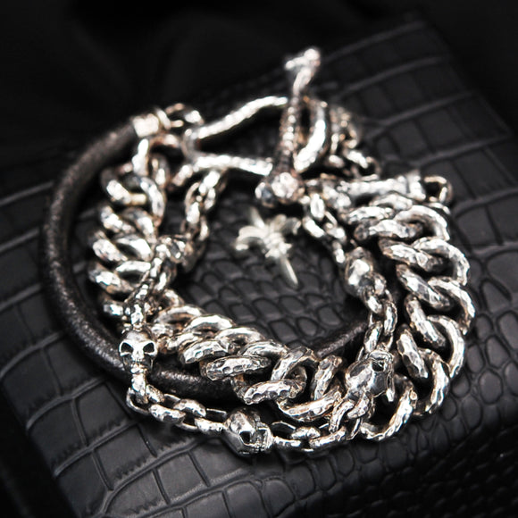 Silver Bracelet CURBS CHAIN with Leatherstring and Peas Chain with SKULLS