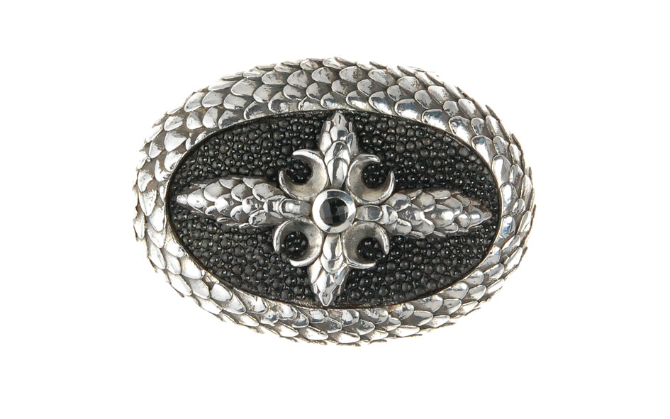 Silver Belt Buckle Oval Dragon Scales Stingray Leather and CrescentCross