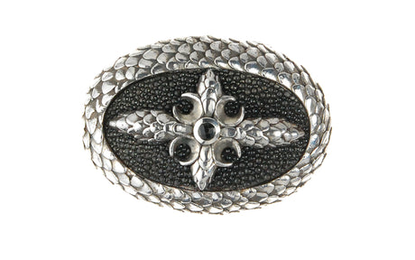 Silver Belt Buckle Oval Dragon Scales Stingray Leather and CrescentCross