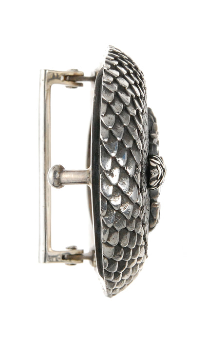Silver Belt Buckle Oval Dragon Scales Stingray Leather and CrescentCross