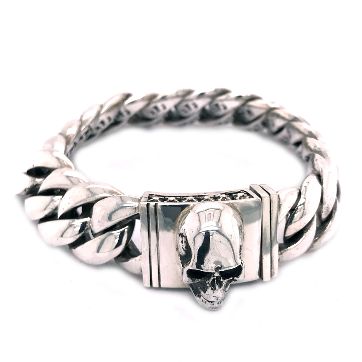 Silver Bracelet Plain Curb Chain with Skull Lock