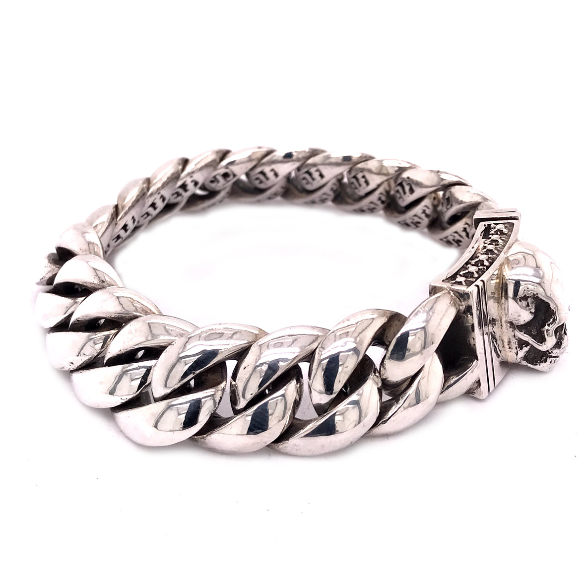 Silver Bracelet Plain Curb Chain with Skull Lock