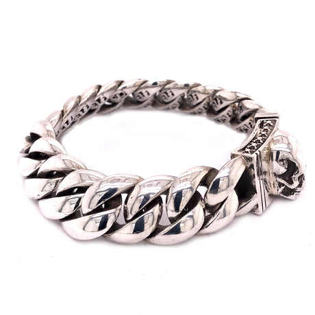 Silver Bracelet Plain Curb Chain with Skull Lock