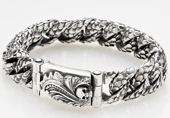 Silver Bracelet MAGIC PLANT with SKULLS and DRAGON SCALES Chain M