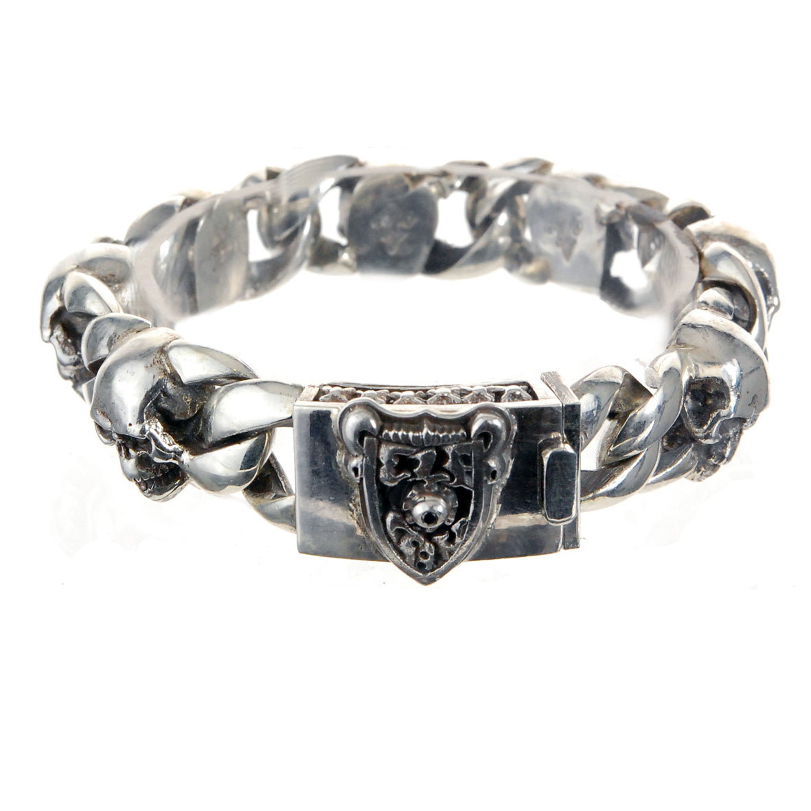 Silver Bracelet SKULL s with Halflinks chain and a SHIELD Boxlock