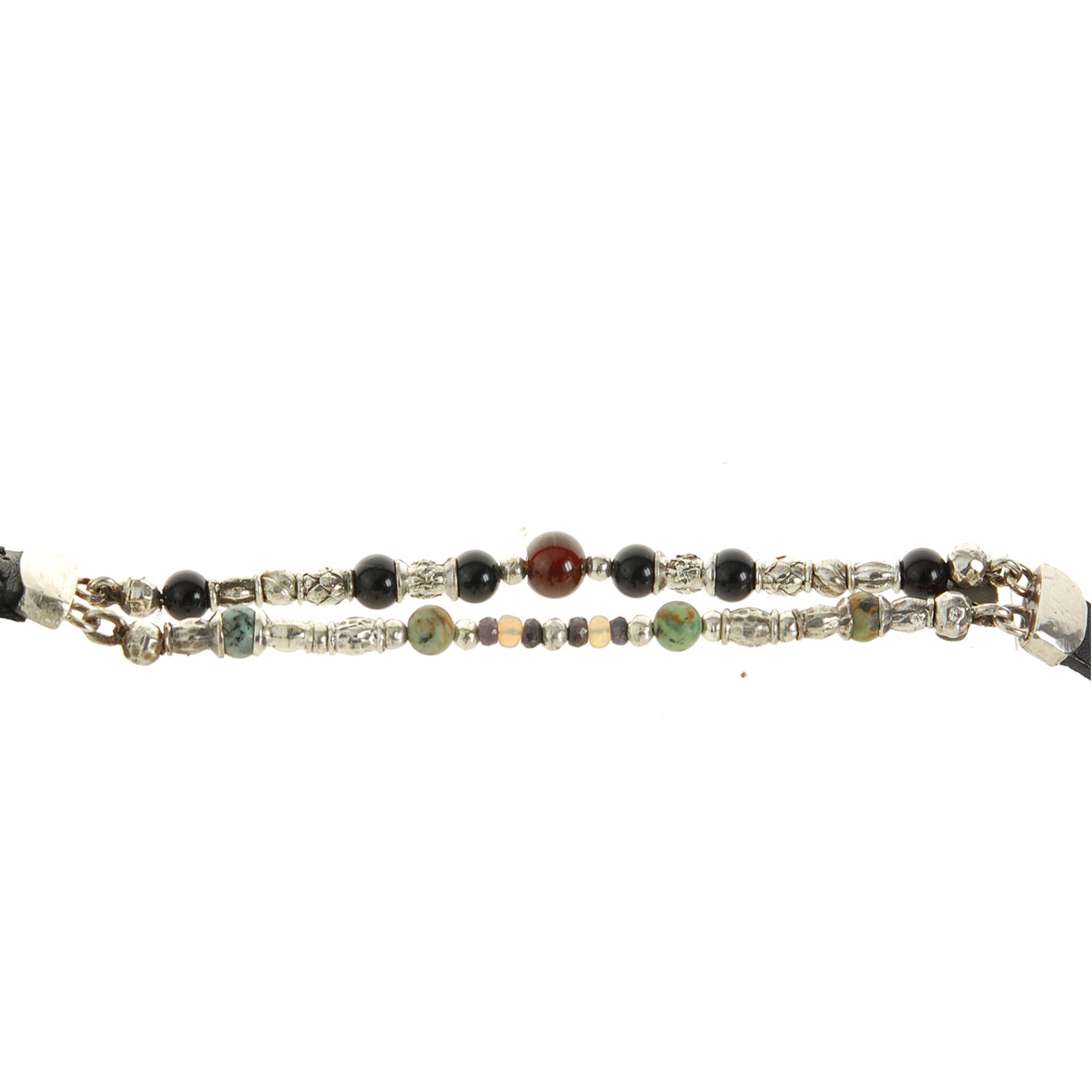 Silver Leather Bracelet TUBES and BEADS Double Strand 10