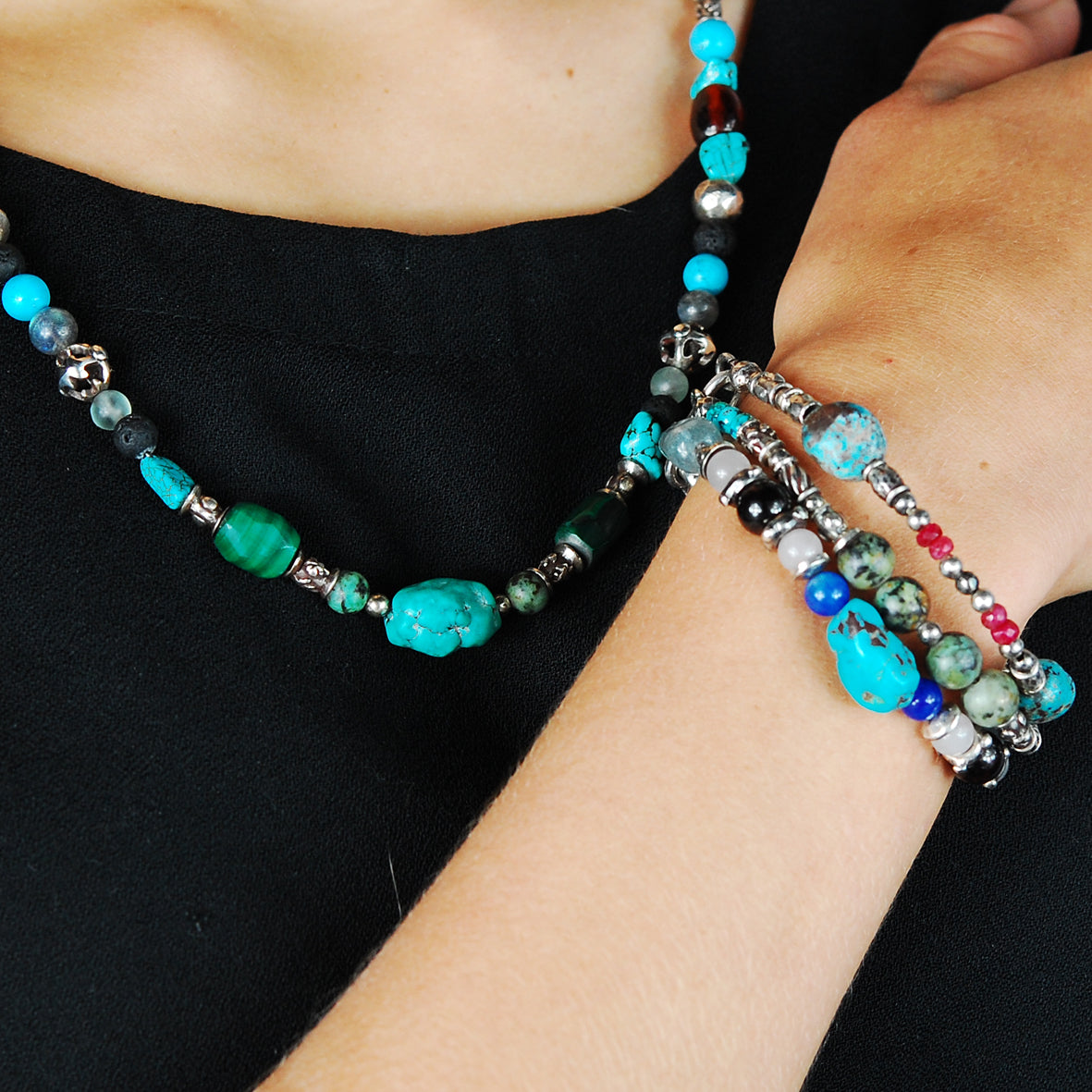 ROCKS and BEADS Necklace with Silver Tubes and Balls