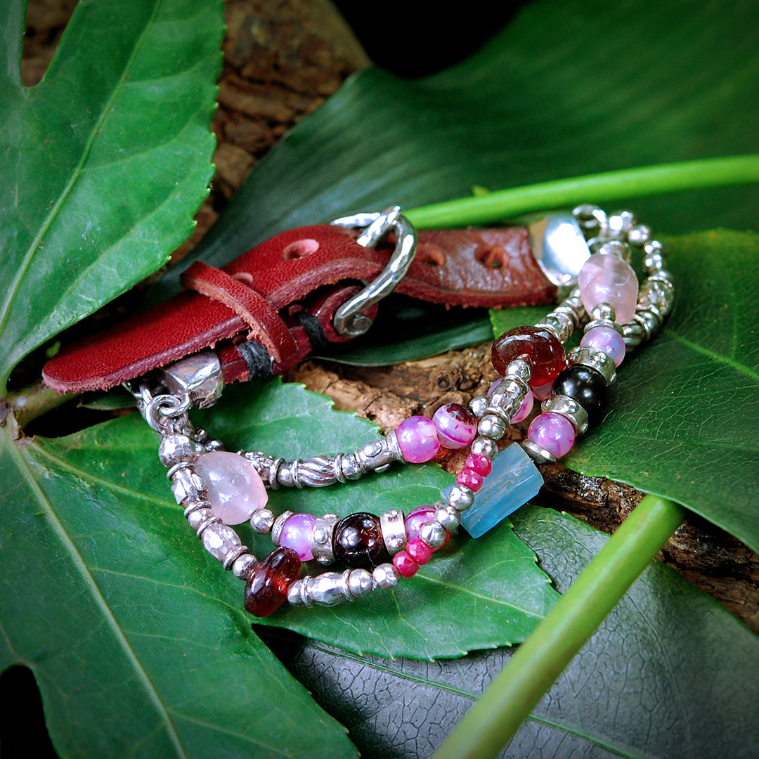 Silver Leather Bracelet BEADS and TUBES and Stone ROCKS 15