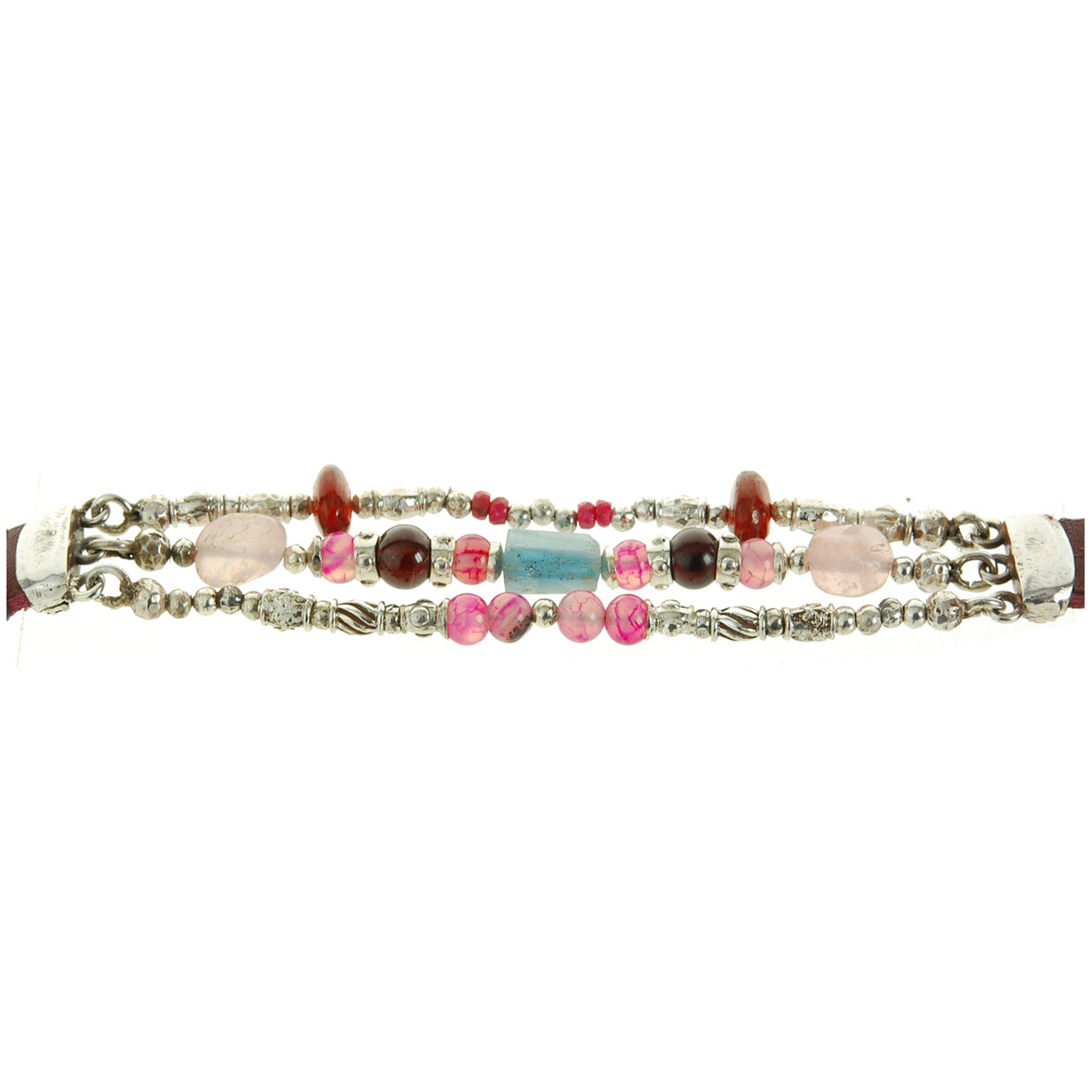 Silver Leather Bracelet BEADS and TUBES and Stone ROCKS 15