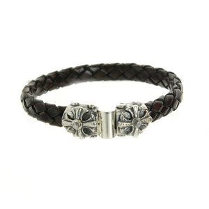 Silver-Leather Bracelet MALTESER CROSS with METEORITE Facetted Silver Jointlock 10